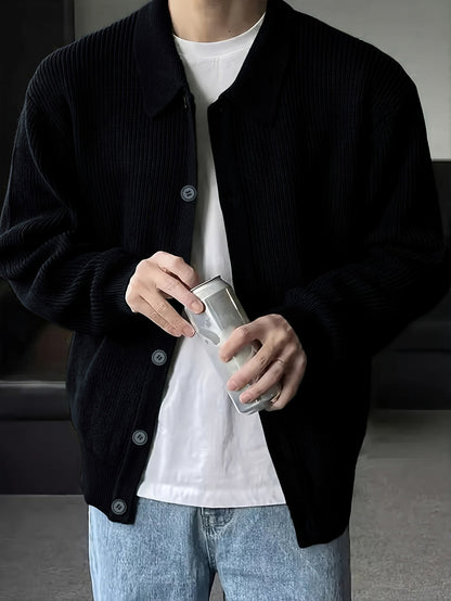 Gerippter Herren Cardigan mit Kragen und Knopfleiste, lässige Strickjacke für Männer