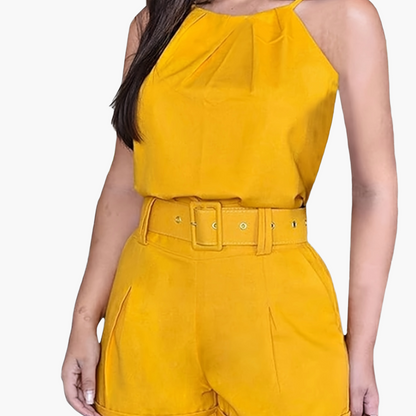 Damen Eleganter Zweiteiler Set – Ärmelloses Top und Shorts mit Gürtel, Perfekt für Sommer und Freizeit