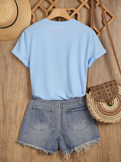 Damen T-Shirt mit Sonnenblume und Schmetterlingen – Casual Sommer Oberteil, Modisches Print-Shirt