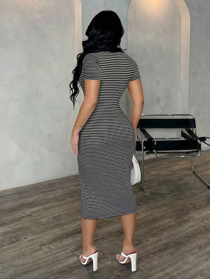 Damen Bodycon Polo-Stil Midi-Kleid mit Streifen – Elegantes Freizeitkleid für Stadt und Anlass