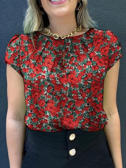 Damen Bluse mit Blumenmuster und Raffungen – Kurzarm, elegant, vielseitig für Büro & Freizeit