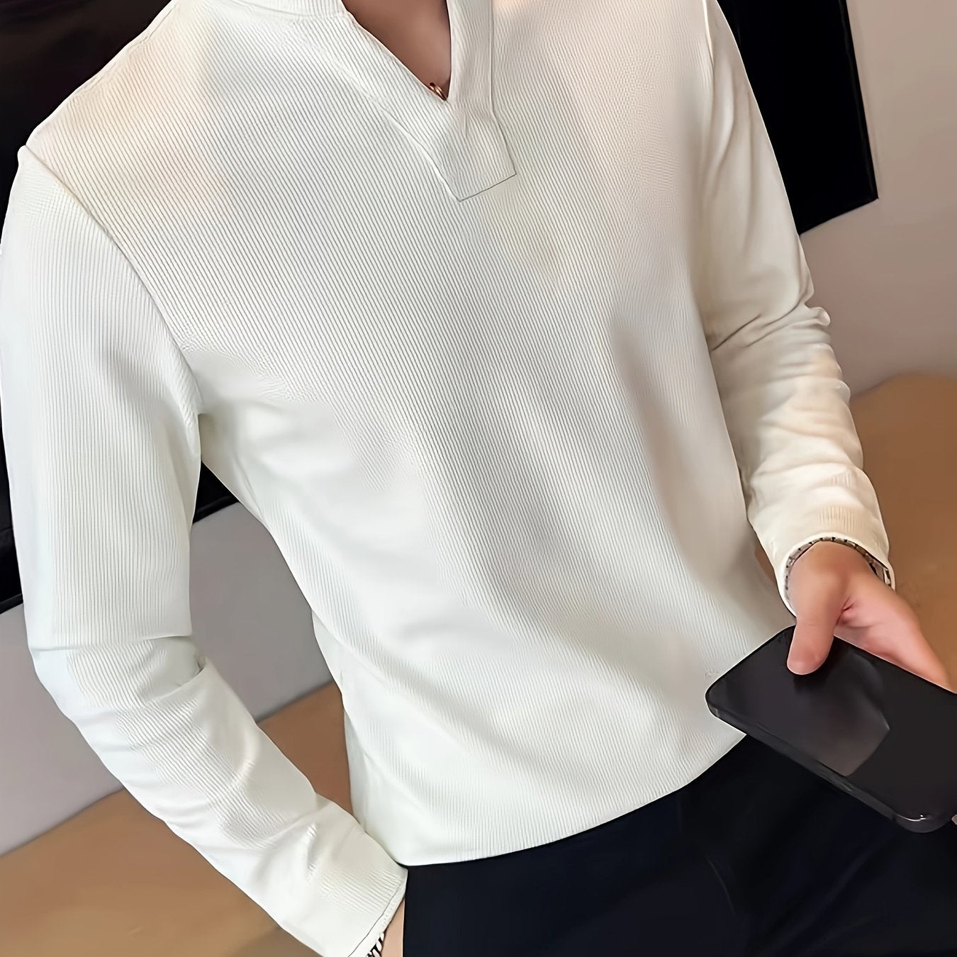 Herren Langarmshirt Henley Kragen Gerippt Weiß Freizeitshirt