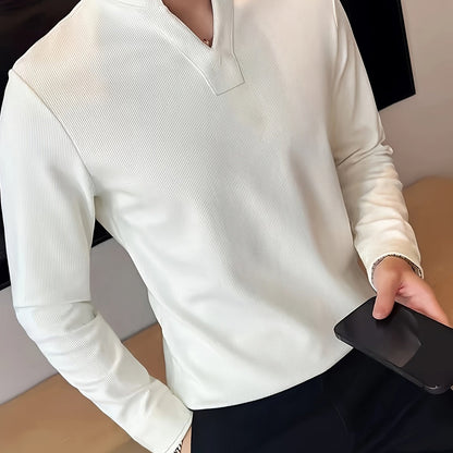 Herren Langarmshirt Henley Kragen Gerippt Weiß Freizeitshirt