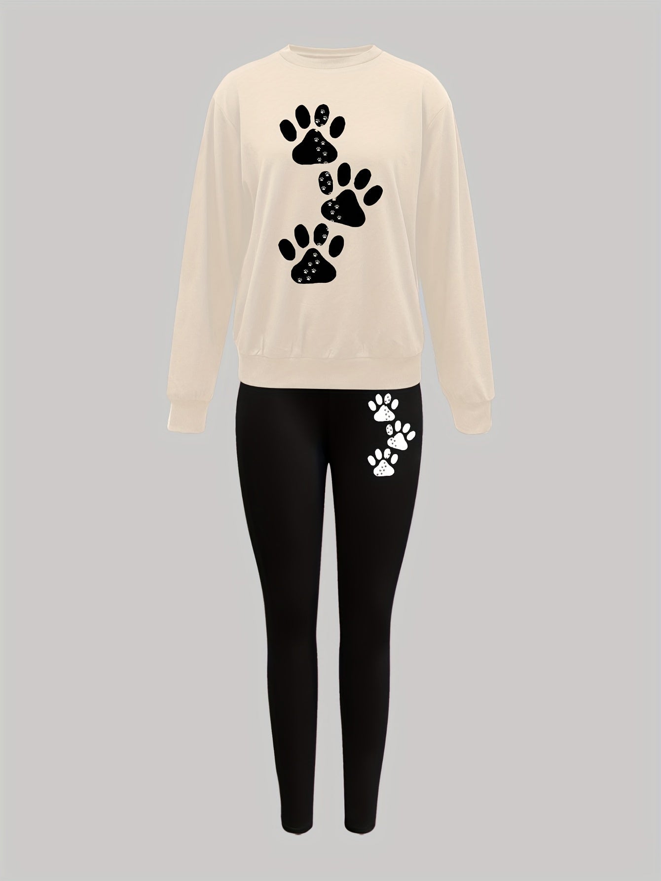 Damen Sweatshirt & Leggings Set mit Pfotenabdruck-Print, Langarm Oberteil und Hose