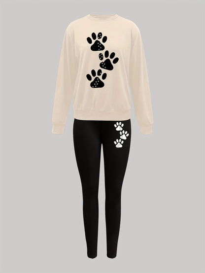 Damen Sweatshirt & Leggings Set mit Pfotenabdruck-Print, Langarm Oberteil und Hose