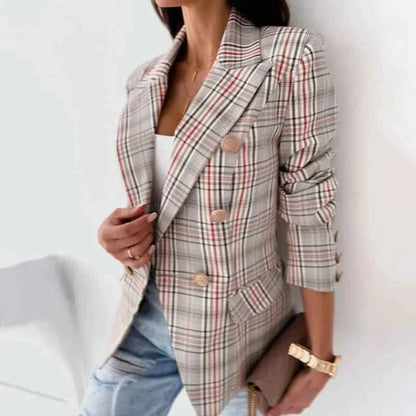 Damen Karierter Blazer mit Reverskragen und Doppelknopfleiste