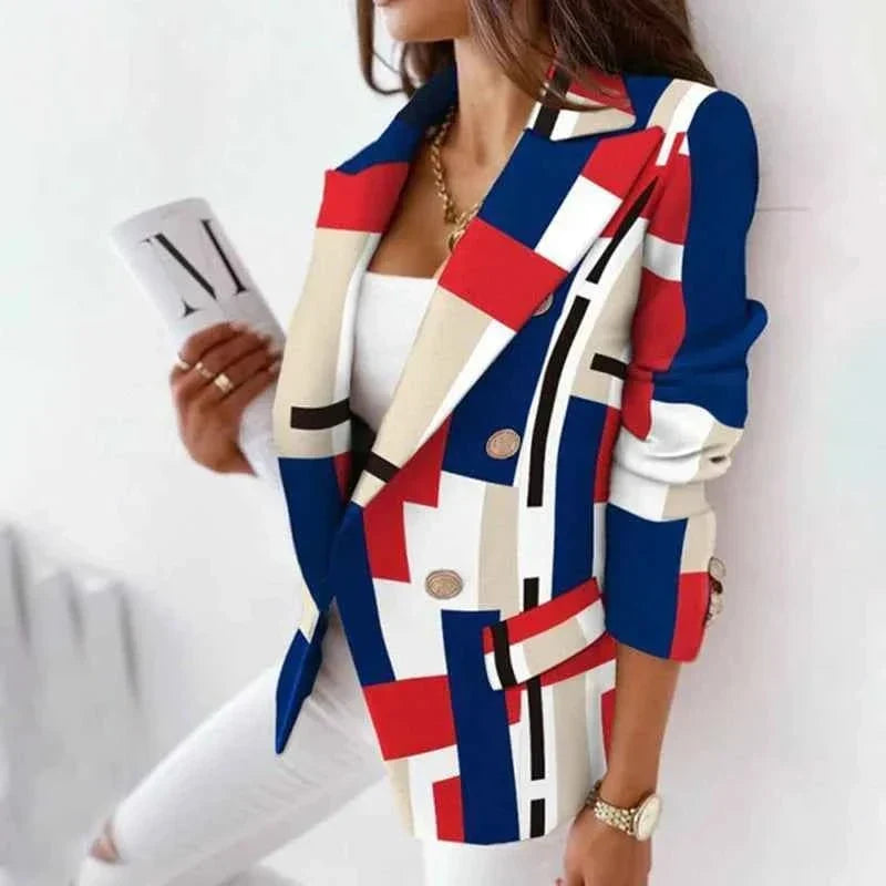 Damen Karierter Blazer mit Reverskragen und Doppelknopfleiste