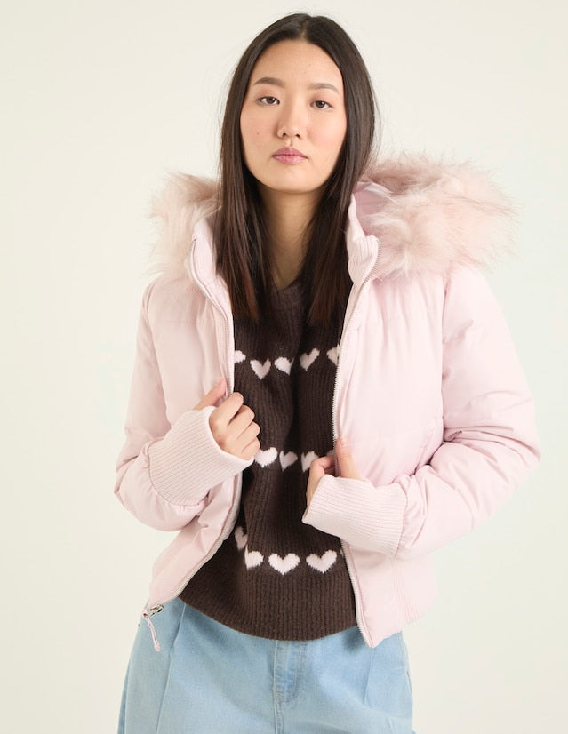 Kurze Damen Pufferjacke mit Kunstfellkapuze und Rippbündchen