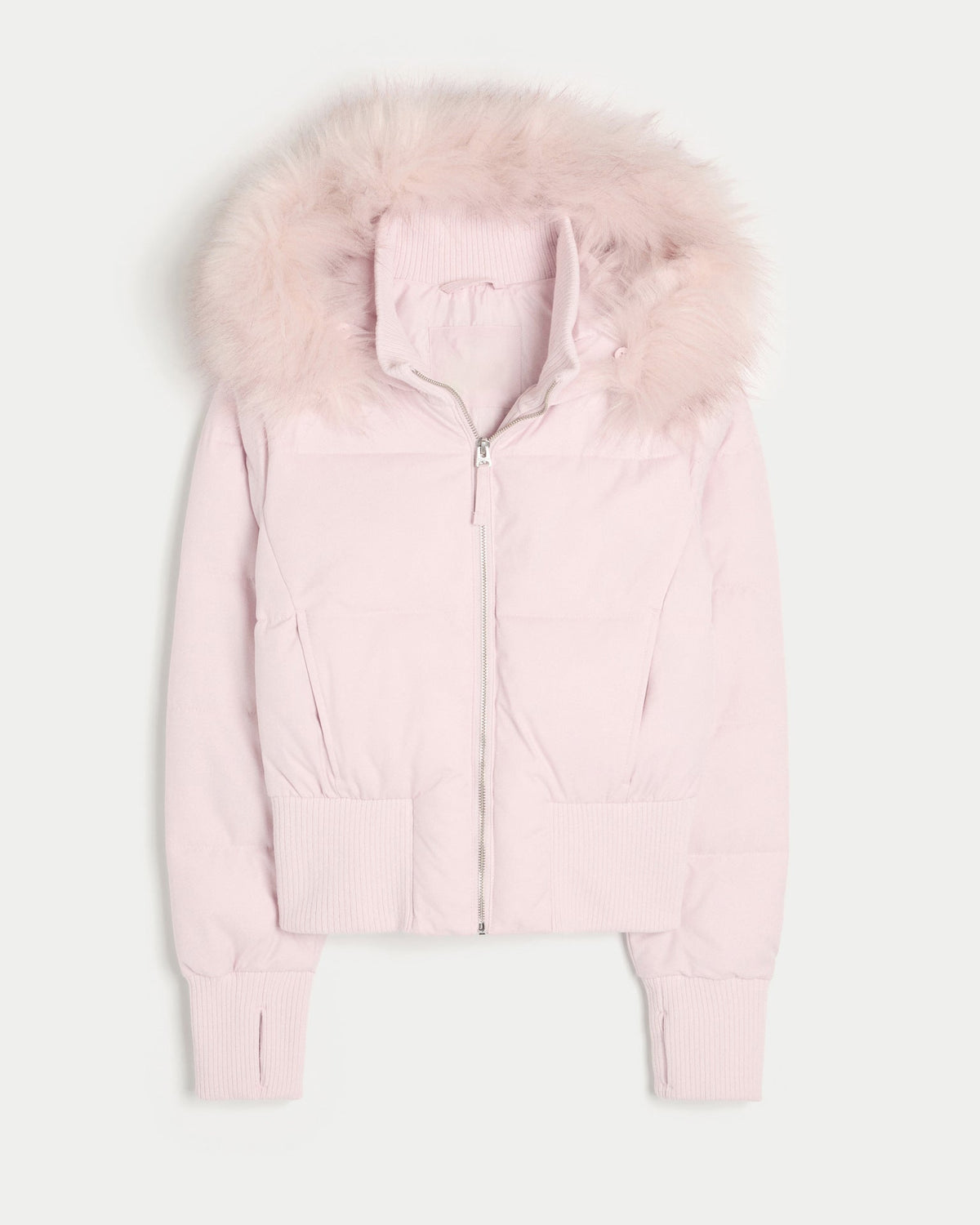 Kurze Damen Pufferjacke mit Kunstfellkapuze und Rippbündchen