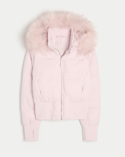 Kurze Damen Pufferjacke mit Kunstfellkapuze und Rippbündchen