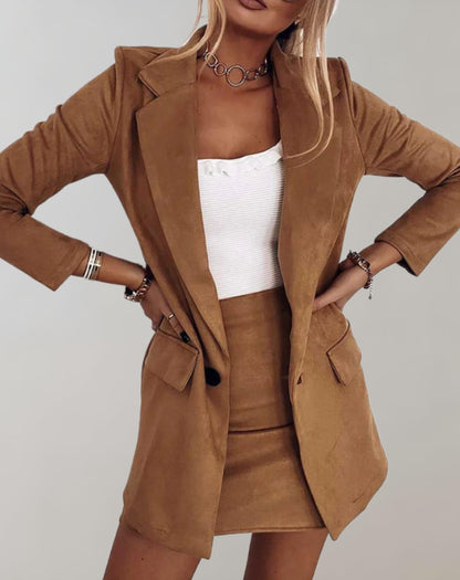 Damen Blazer & Minirock Set, Kurzrock Zweiteiler im Wildleder-Look