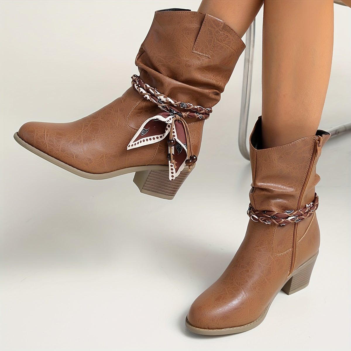 Hellbraune Stiefeletten mit gerafftem Schaft und Wickelband-Detail