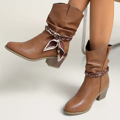 Hellbraune Stiefeletten mit gerafftem Schaft und Wickelband-Detail