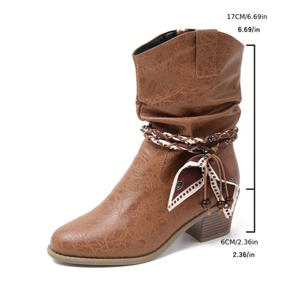 Hellbraune Stiefeletten mit gerafftem Schaft und Wickelband-Detail