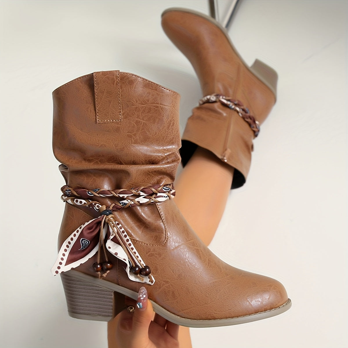 Hellbraune Stiefeletten mit gerafftem Schaft und Wickelband-Detail