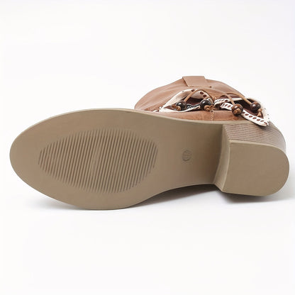 Hellbraune Stiefeletten mit gerafftem Schaft und Wickelband-Detail