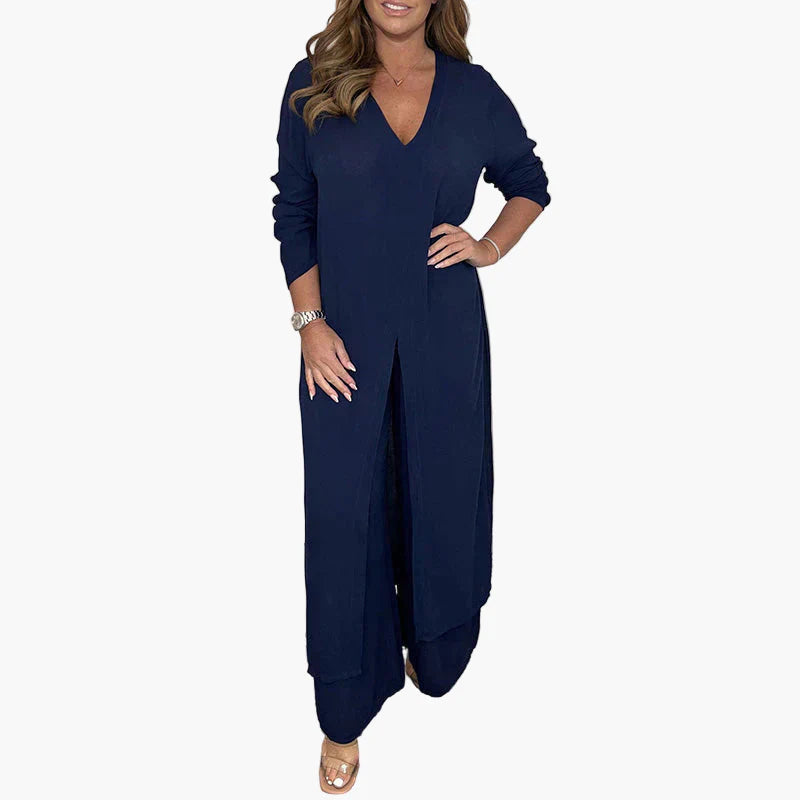 Damen Zweiteiliges Freizeitanzug Set – Eleganter Langer Blazer & Weite Hose für Alltag und besondere Anlässe