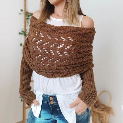 Gestrickter Bolero Damen Wickelpullover mit Ärmeln und Lochmuster