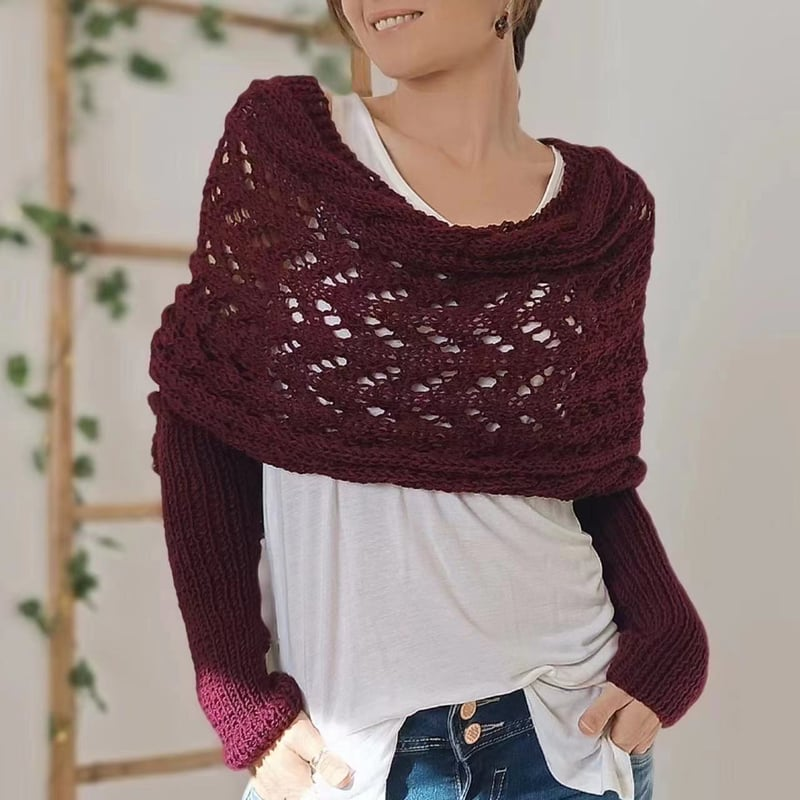 Gestrickter Bolero Damen Wickelpullover mit Ärmeln und Lochmuster