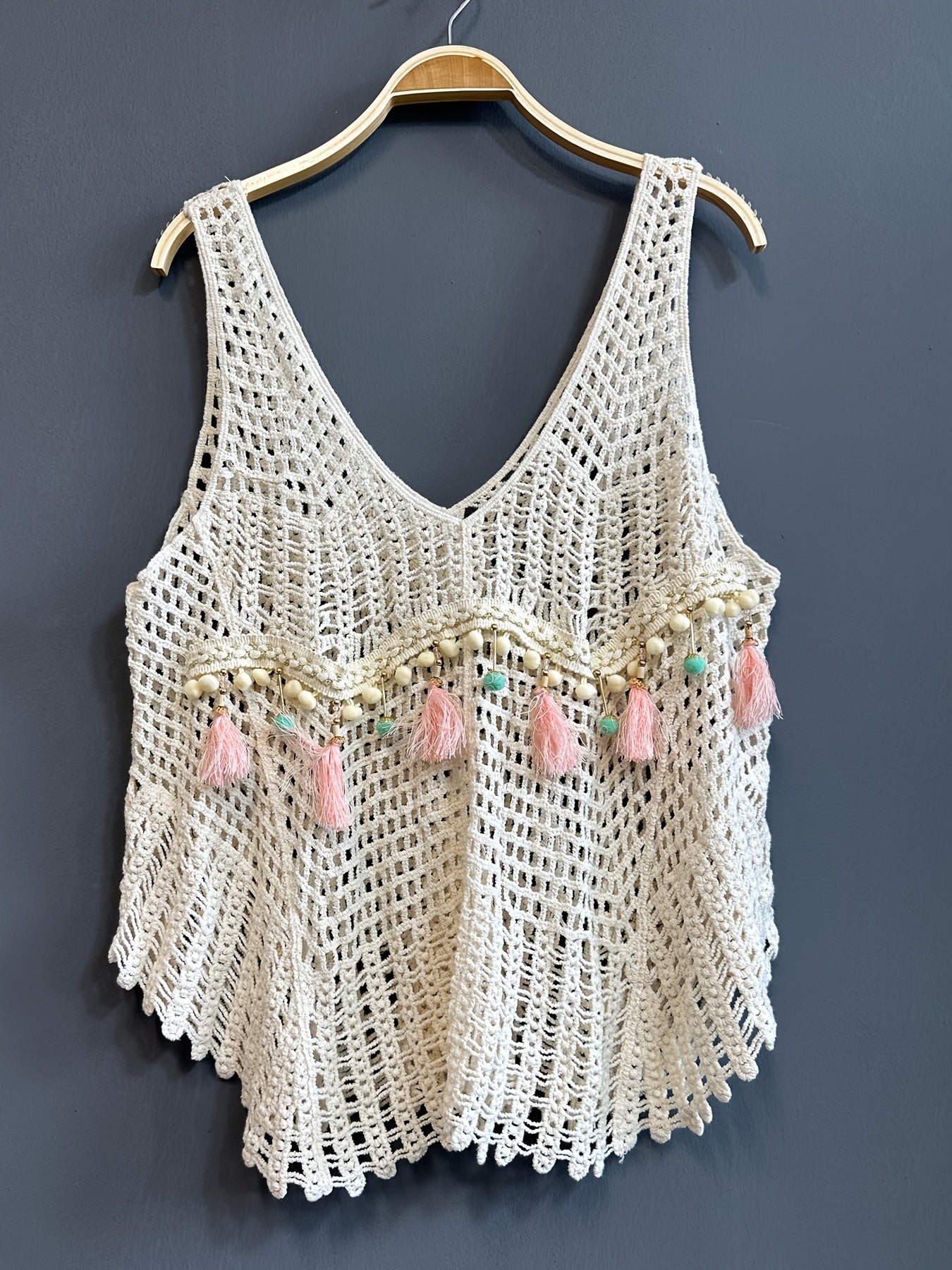 Damen Boho Häkel-Top mit Fransen und Perlen – Sommer Strandmode