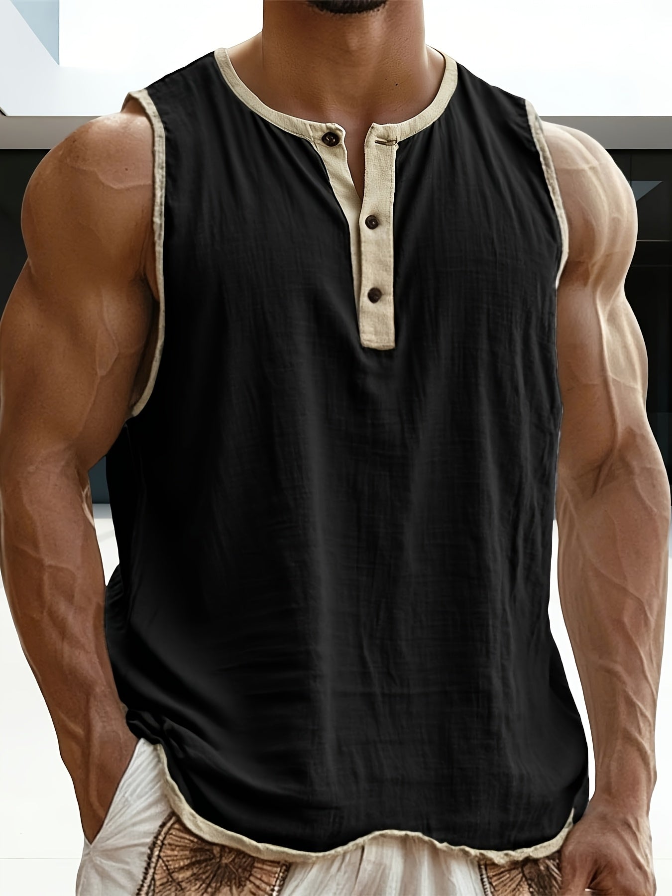 Herren ärmelloses Henley-Shirt Freizeit Top für vielseitige Outfits