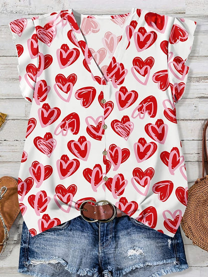 Damen Sommer Bluse mit Herzmuster und Knopfleiste – Verspielte Freizeitmode für den Alltag