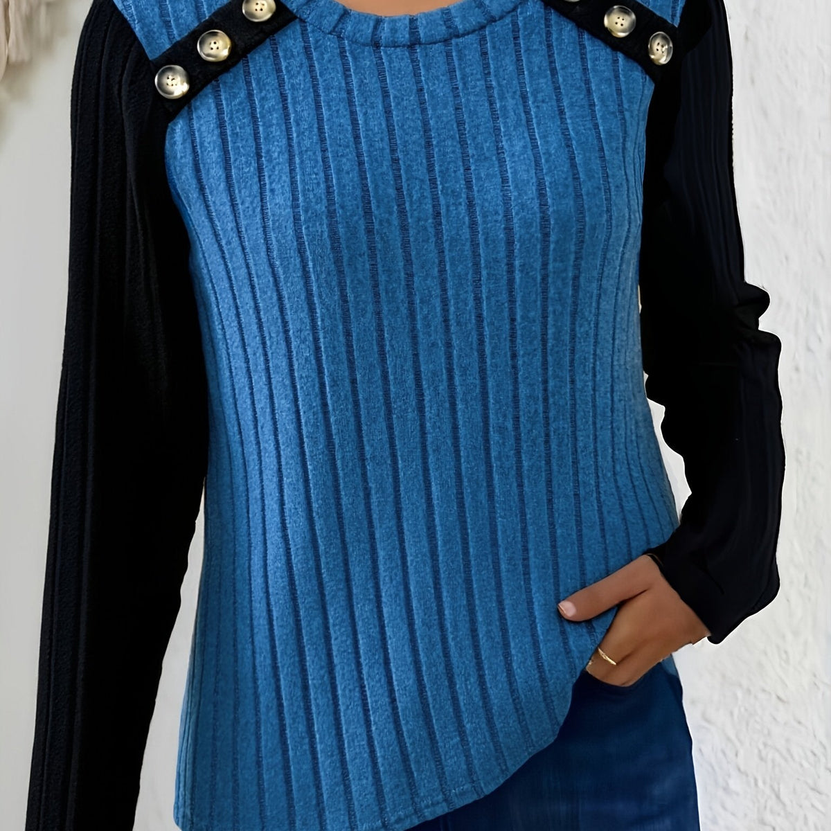 Damen Langarmshirt Gerippt Kontrastärmel Knopfdetails Rundhals