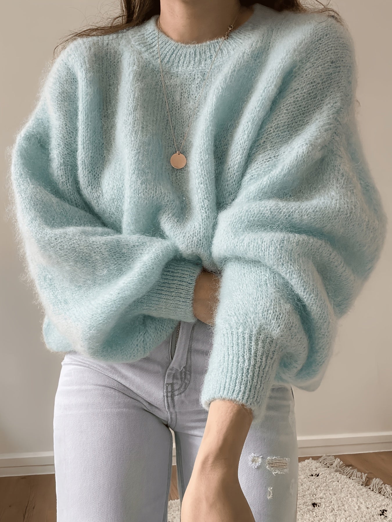 Damen Oversize Pullover Rundhals Weich Strick Langarm