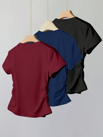 Damen T-Shirt mit Schleifenstickerei und Raffungen – Modisches Kurzarmshirt für Freizeit und Alltag