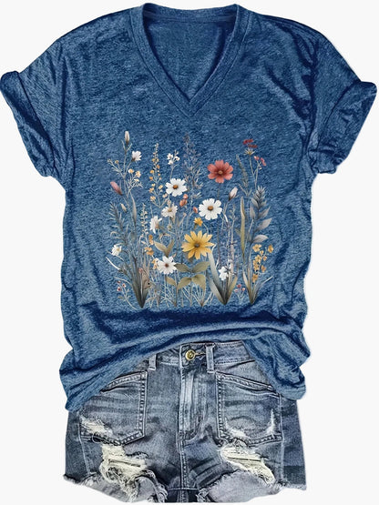 Damen Vintage Blumen T-Shirt mit V-Ausschnitt – Lässiges Sommer Oberteil im Boho-Stil
