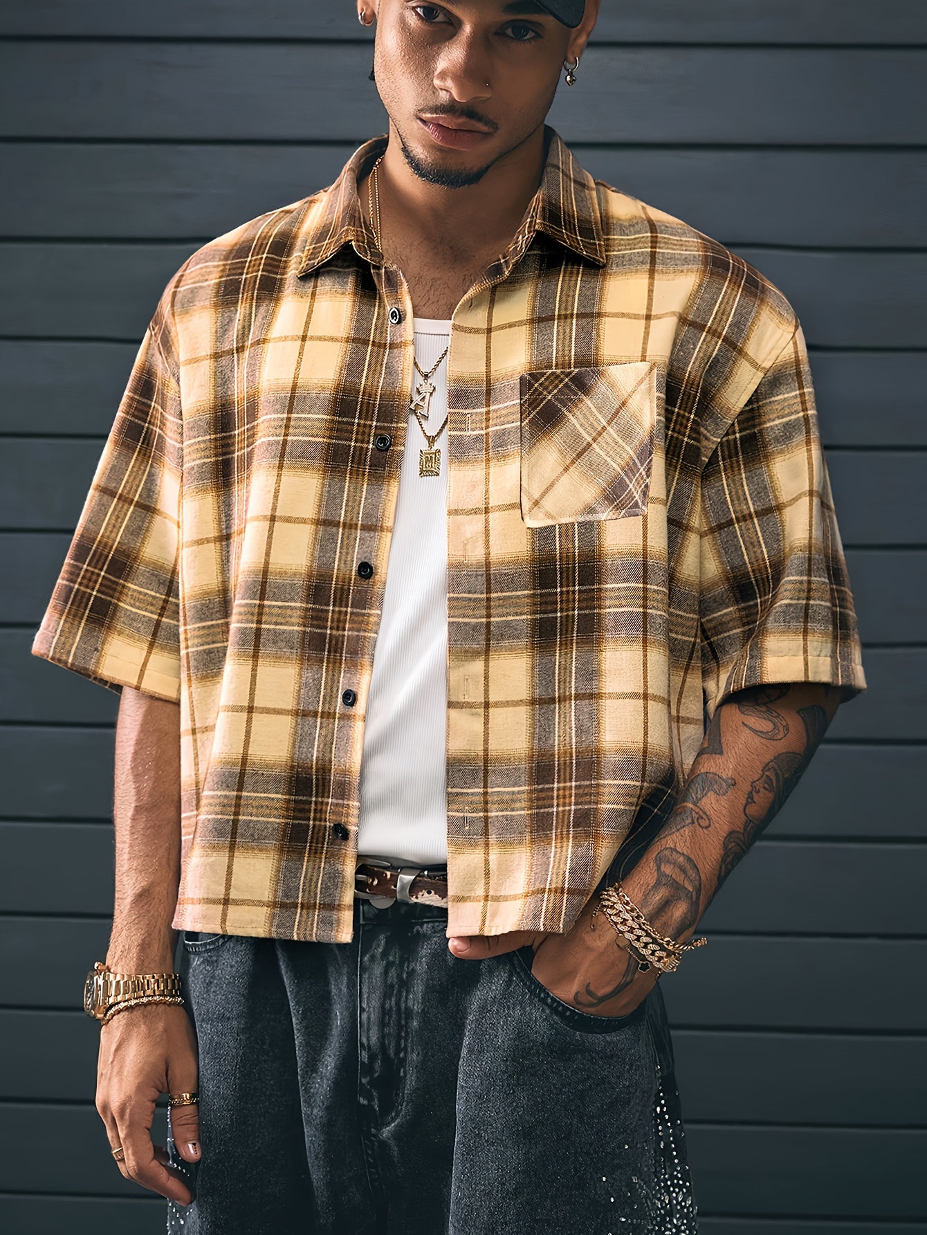 Herren Oversize Karohemd Kurzarm Streetwear Freizeitstil