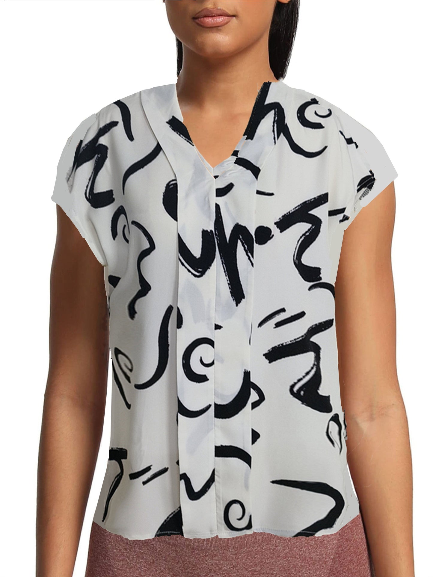Damen Bluse mit grafischem Muster und V-Ausschnitt – Elegant für Büro und Freizeit