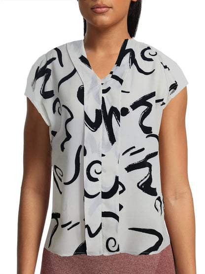 Damen Bluse mit grafischem Muster und V-Ausschnitt – Elegant für Büro und Freizeit