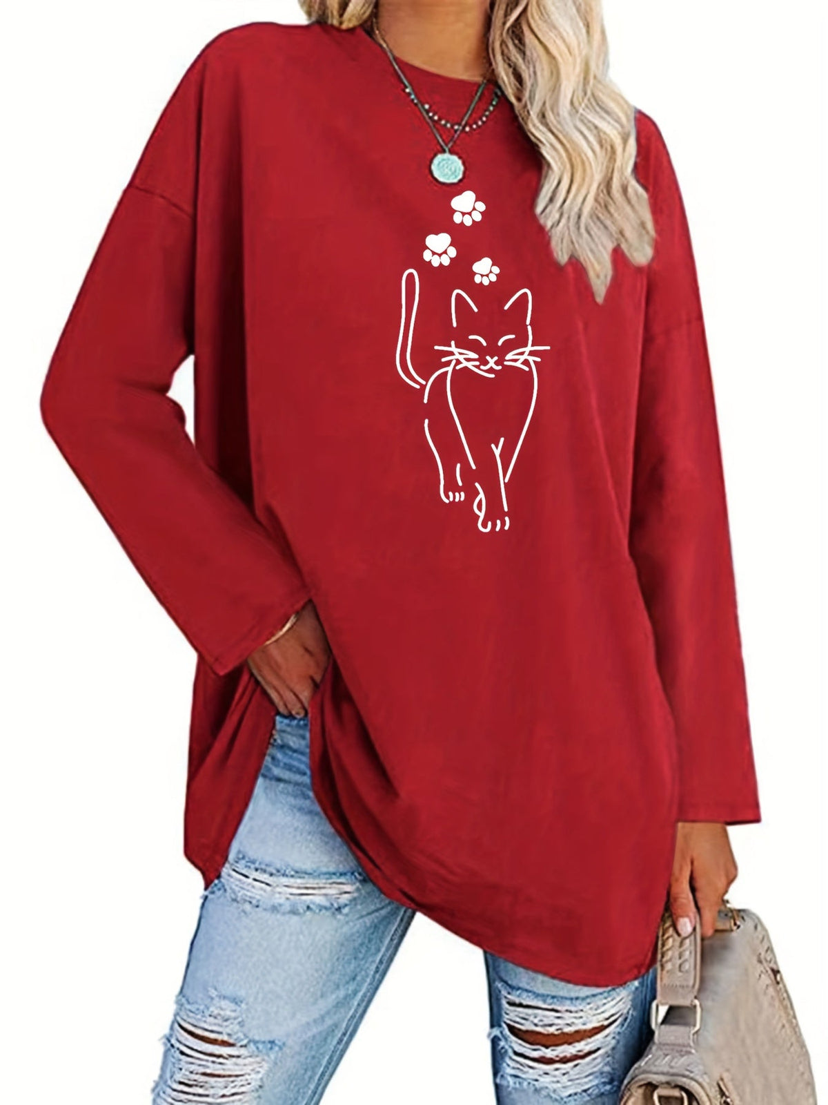 Damen Langarmshirt Oversize mit Katzenmotiv und Pfotenabdruck Rundhalsausschnitt Freizeitshirt