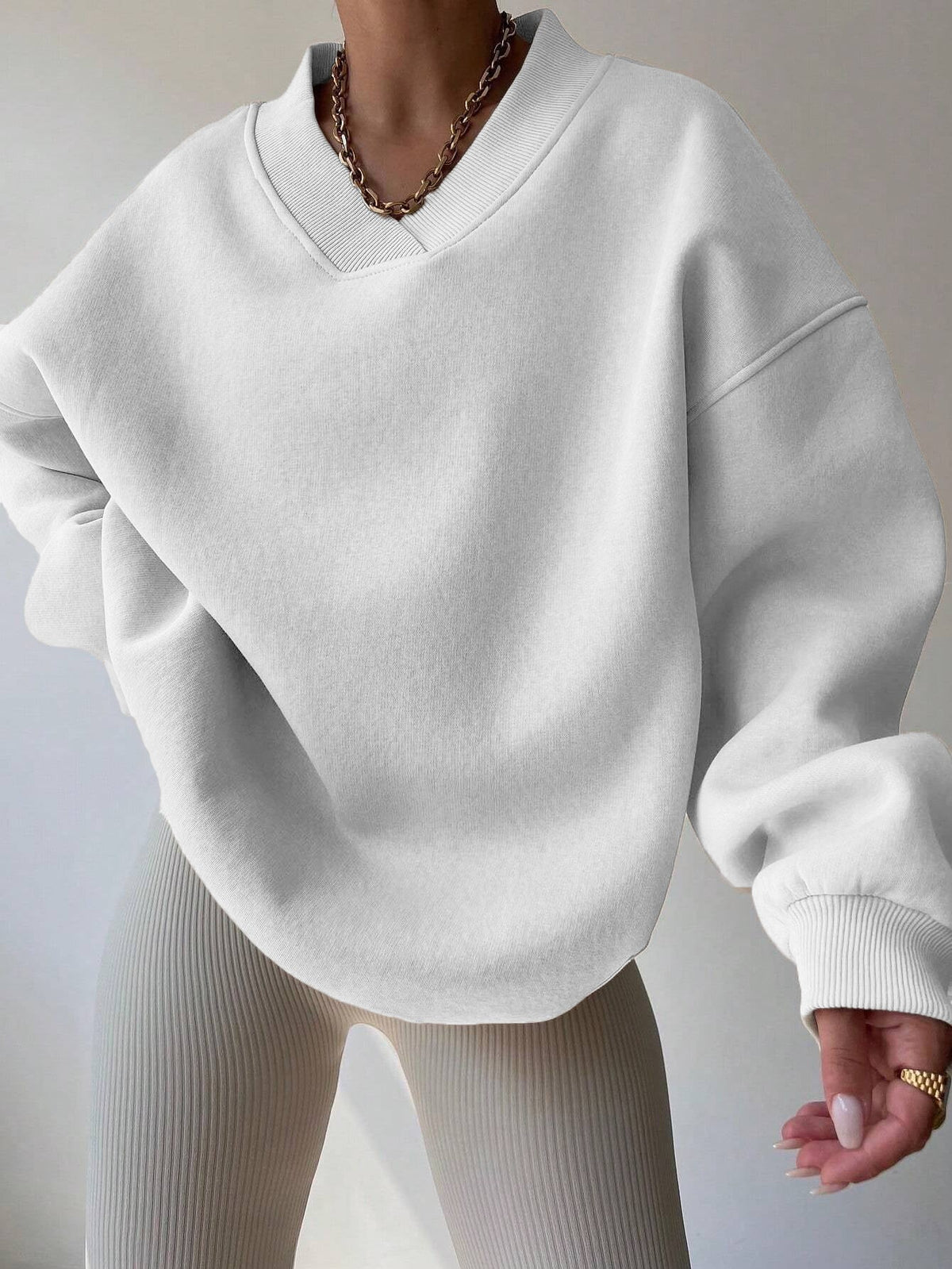 Damen Oversize Sweatshirt V-Ausschnitt Langarm Weiß