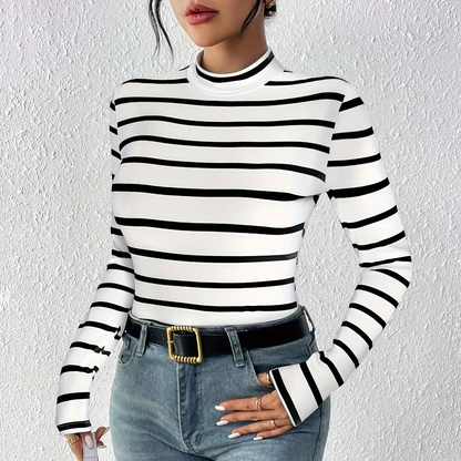 Damen Rollkragen Langarmshirt gestreift mit halbem Stehkragen