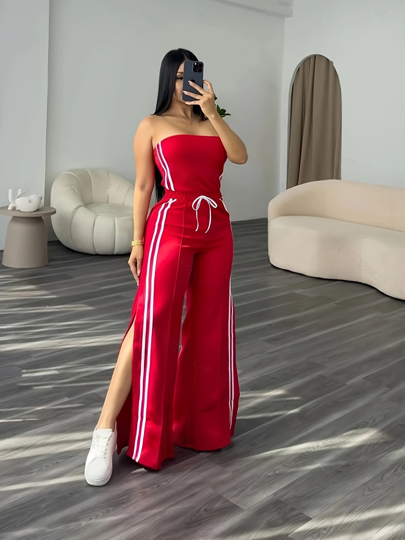 Damen Jumpsuit Sportlich Elegant Bandeau mit Streifen und weitem Bein