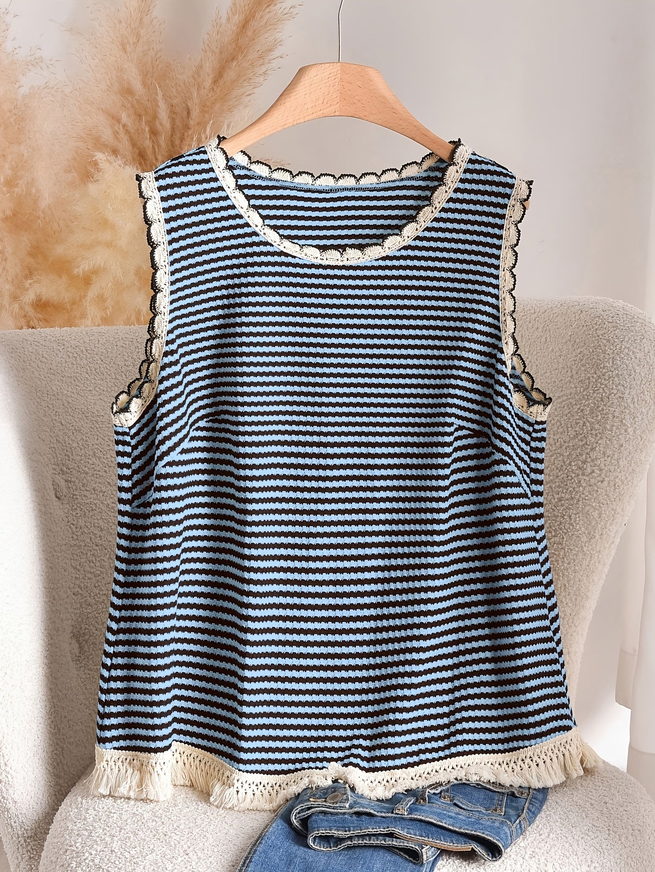 Damen Elegantes Strick-Tanktop mit Fransen und Streifen – Ideal für Frühling & Sommer