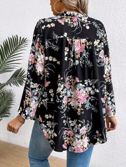 Damen Elegante Bluse mit Blumenmuster und V-Ausschnitt, Langarm, Perfekt für Alltag und Büro