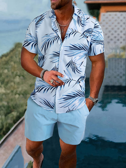 Herren Sommer Freizeit Set – Kurzarm Hemd mit Palmenmuster und Shorts – Perfekt für Urlaub & Strand