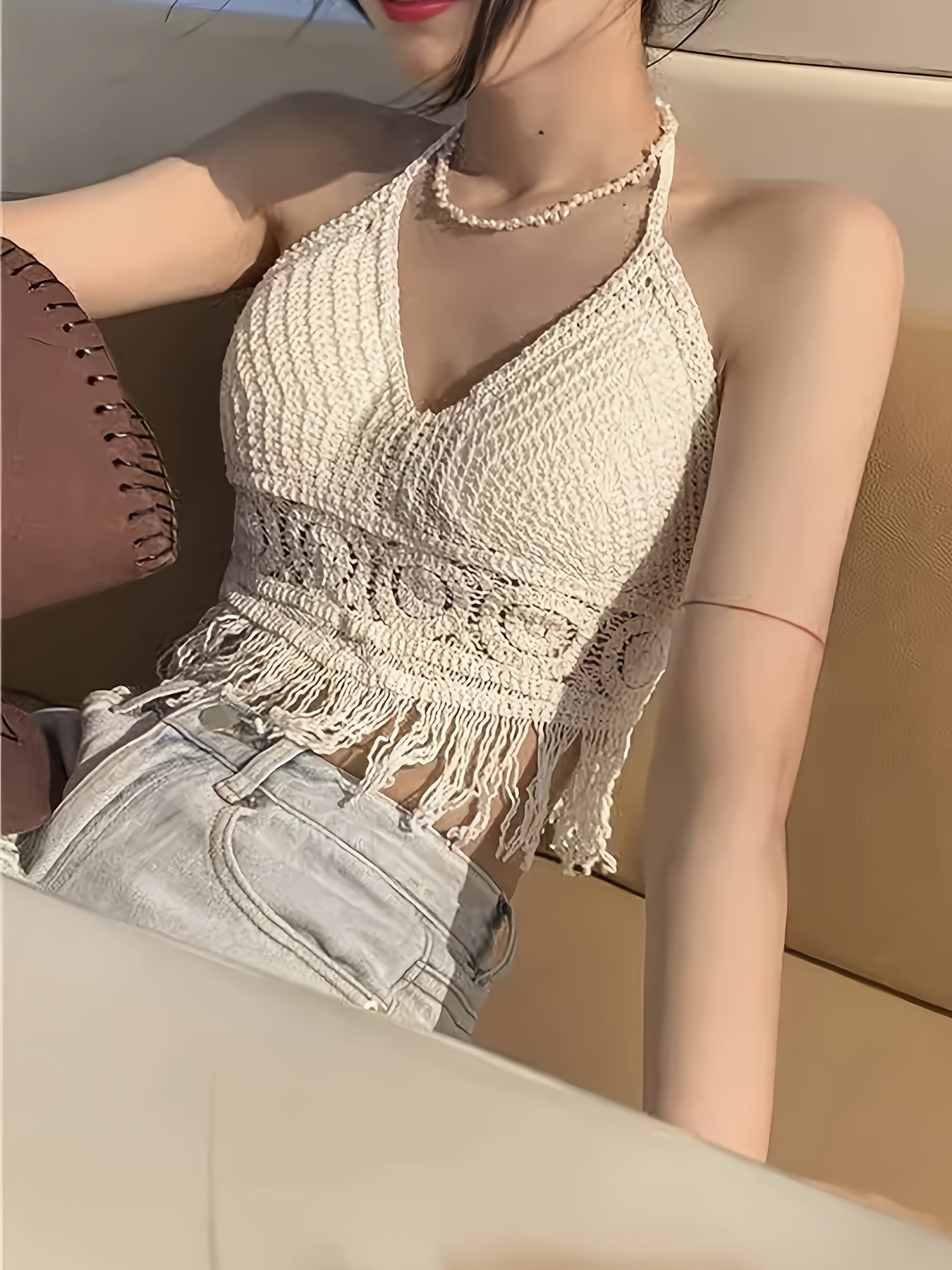 Damen Boho Häkel-Haltertop mit Fransen – Sommer Festival Oberteil