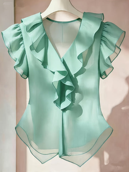 Damen Rüschenbluse mit V-Ausschnitt und Volantärmeln – Elegante Chiffonbluse für Büro und besondere Anlässe