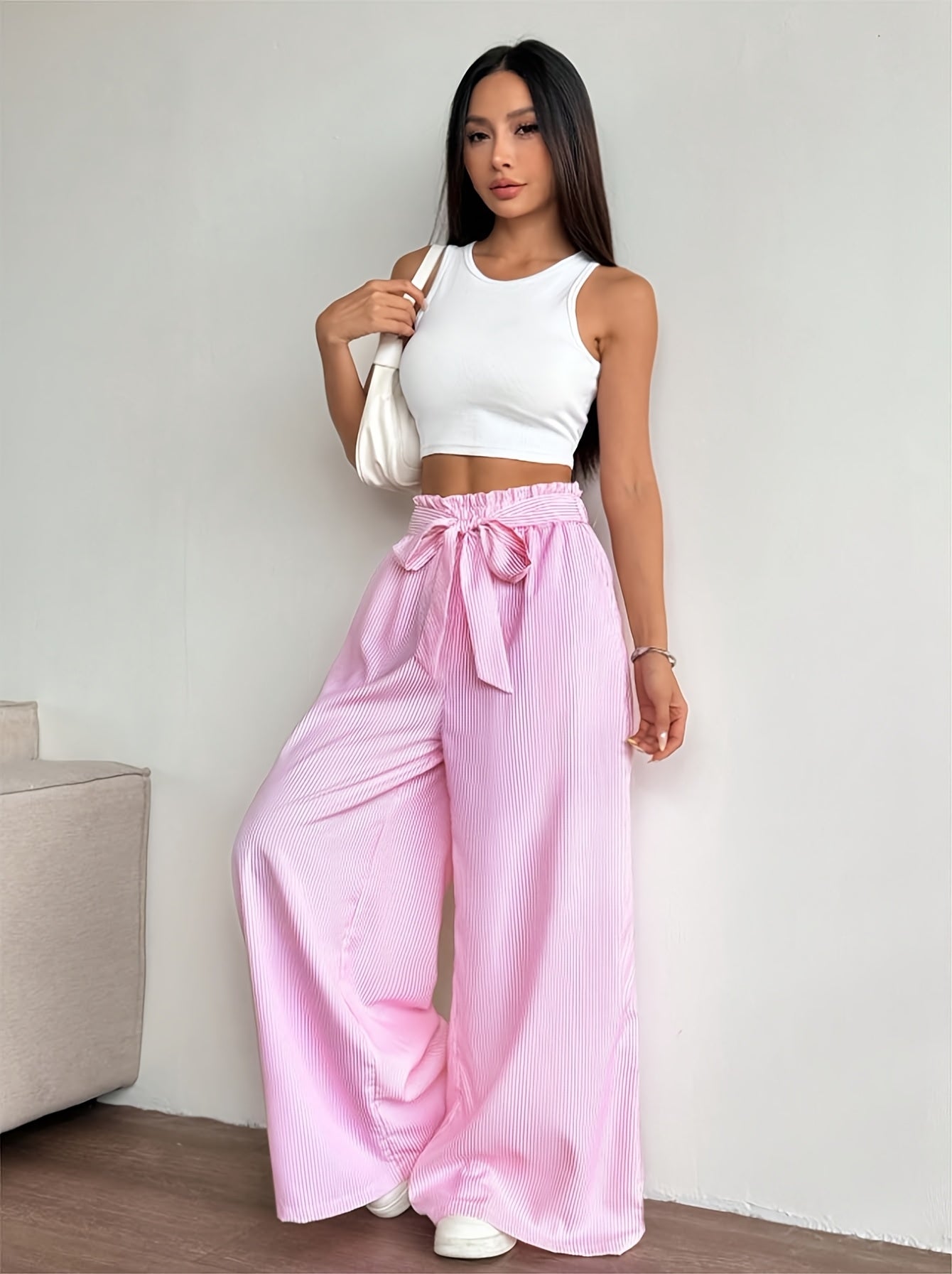 Damen Weite High-Waist Hose mit Schleifenband und Streifen – Elegante Relaxed Fit Freizeithose