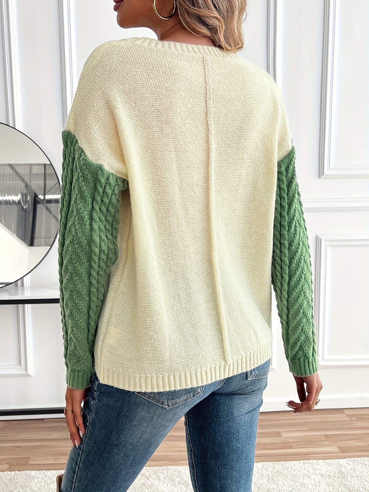 Damen Patchwork Strickpullover mit Rundhalsausschnitt und Zopfmuster