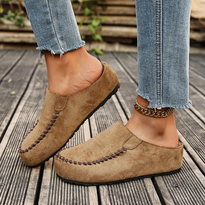 Damen Slipper Mules mit Ziernaht Komfortschuhe Braun