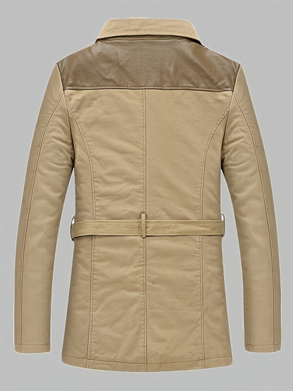 Herren Winterjacke mit Fellimitat-Futter, Knopfleiste und Gürtel in Olivgrün