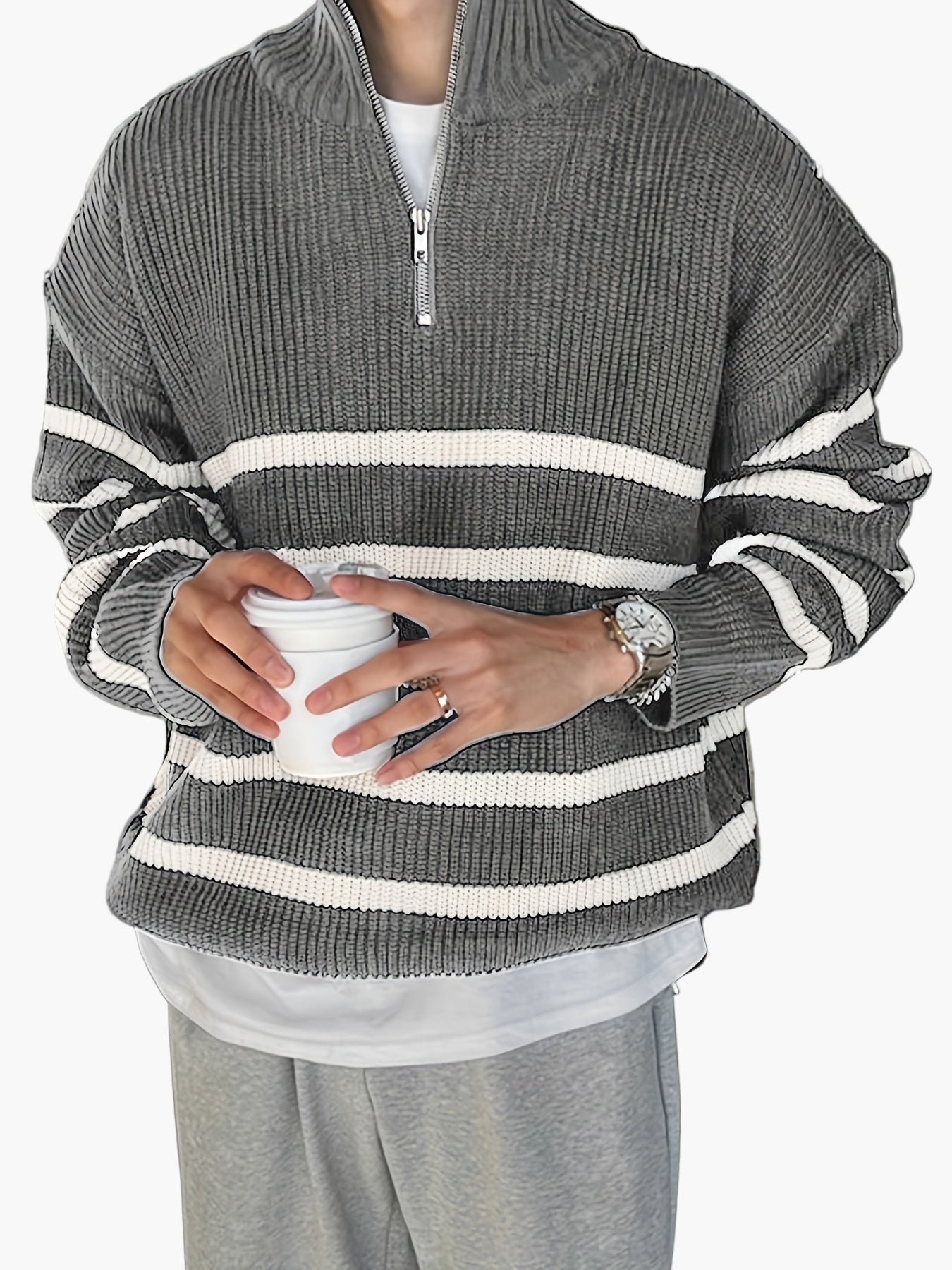 Herren Strickpullover mit Stehkragen und Reißverschluss – Gestreifter Casual Look für Herbst & Winter
