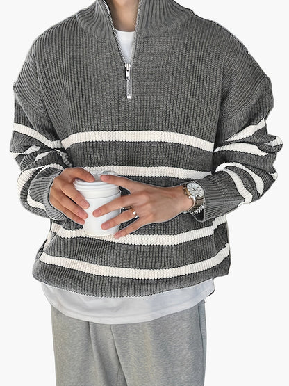Herren Strickpullover mit Stehkragen und Reißverschluss – Gestreifter Casual Look für Herbst & Winter