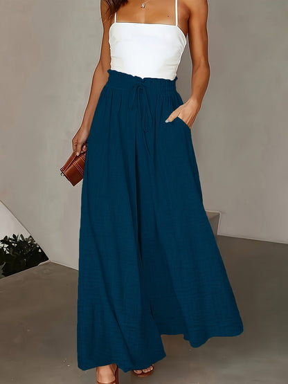 Damen Elegante Weite High-Waist Palazzo Hose mit Kordelzug und Taschen – Perfekt für Freizeit und Büro
