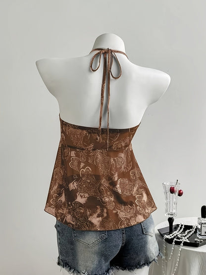 Damen Neckholder-Top im Boho-Stil mit Rüschen und Herzmuster – Modisches Sommer-Peplum für Freizeit und Ausgehen